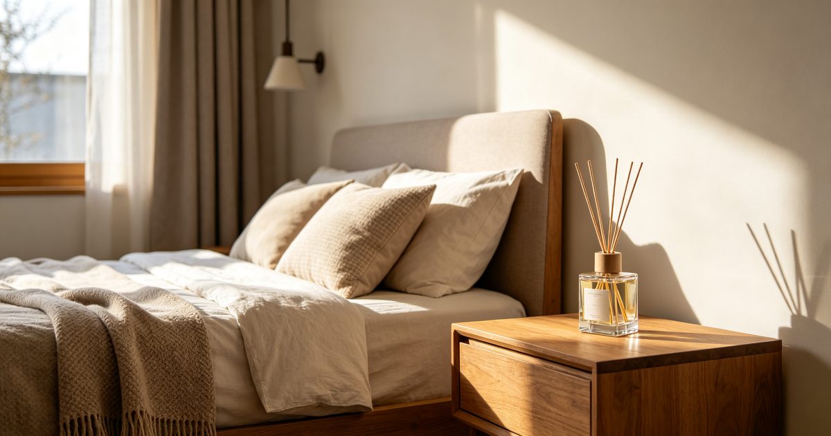 Cozy Airbnb bedroom with a reed diffuser on the nightstand