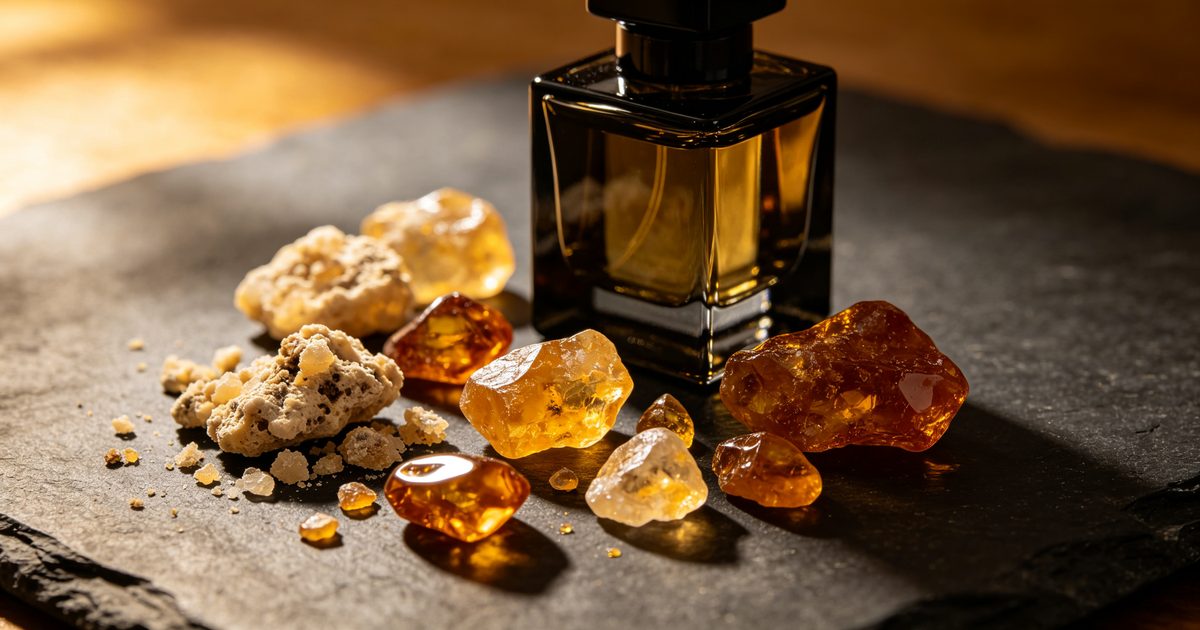 Amber-toned lab glassware suggesting the warm ambergris note of Ambroxan
