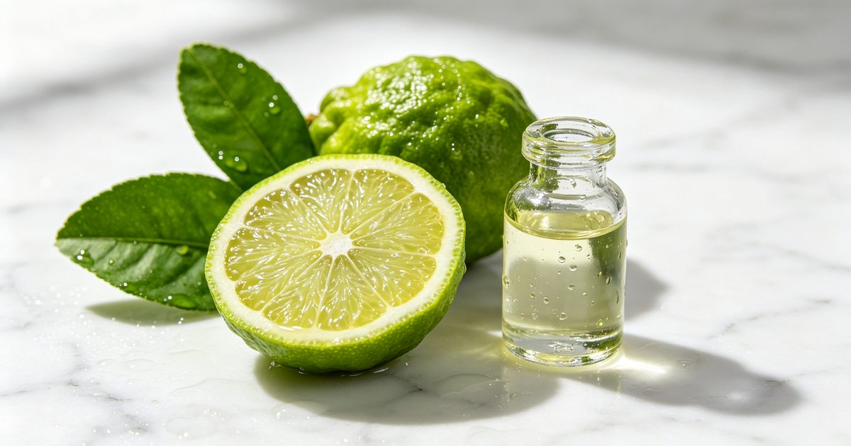Amber bottle of bergapten-free bergamot essential oil beside fresh bergamot fruit
