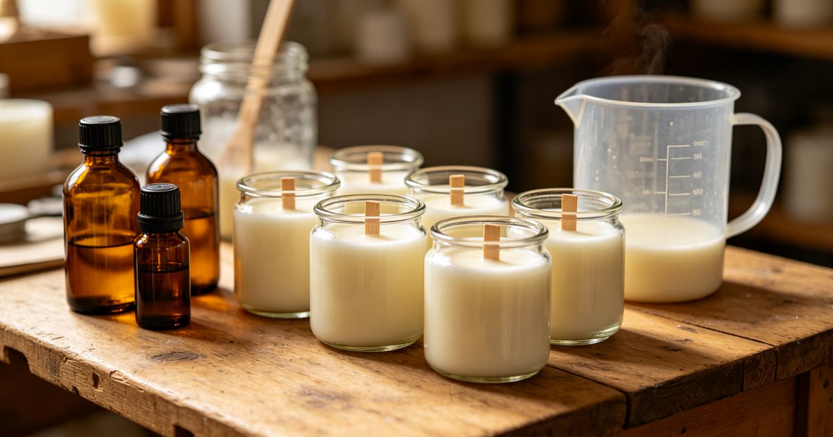 Rows of amber fragrance oil bottles beside poured soy candles