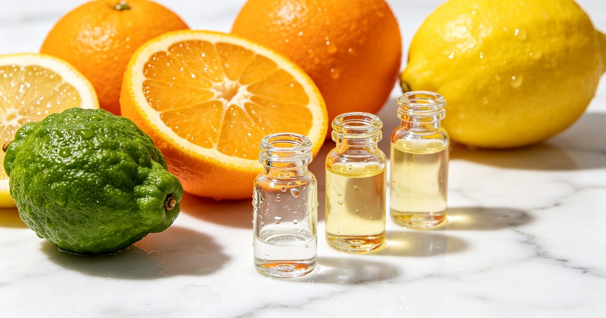 Bergamot, sweet oranges and lemons beside small bottles of citrus oil