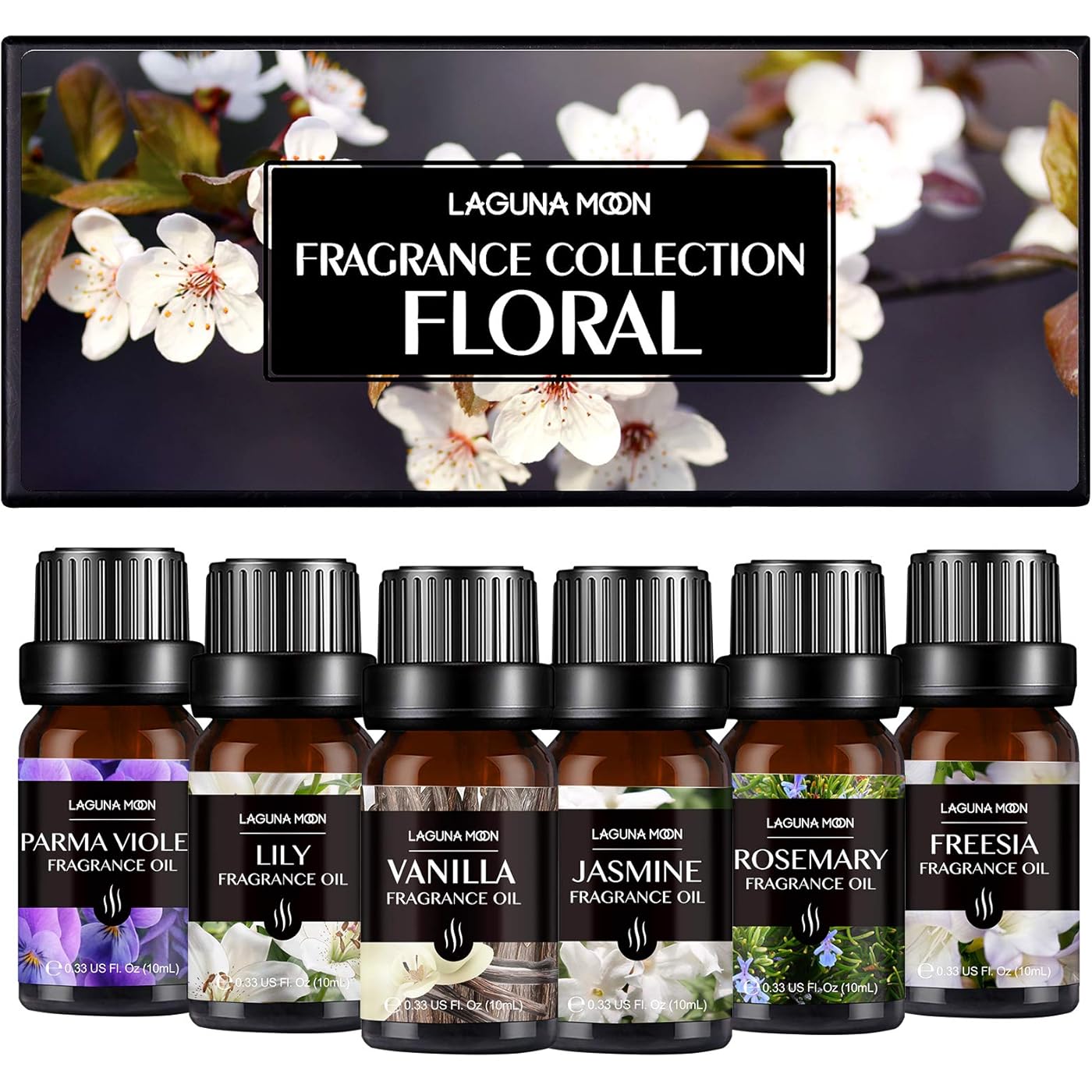 Collection of amber glass fragrance oil bottles with dropper caps for DIY perfume making