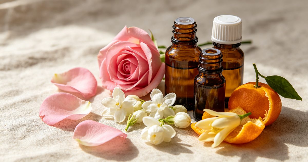 Rose petals, jasmine blossoms and orange flowers beside amber oil bottles