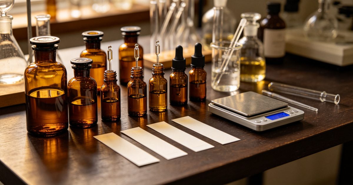 Warm lifestyle scene with perfume bottles, fragrance oils, and candle-making tools on a wooden table