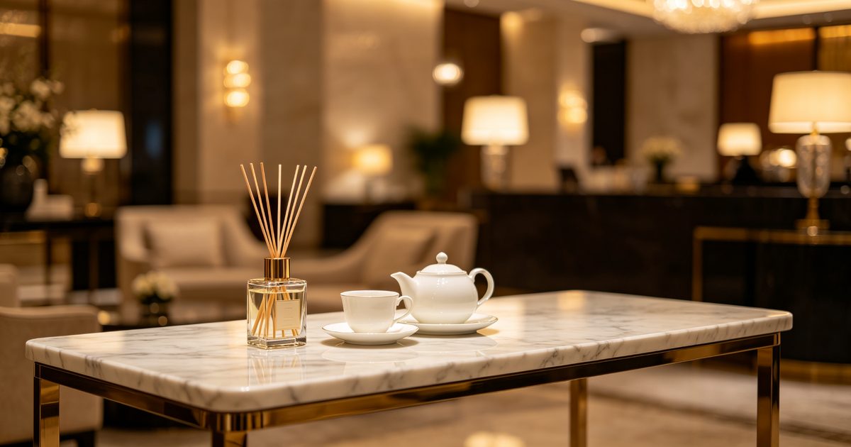 Elegant hotel lobby with soft lighting suggesting a signature white tea scent