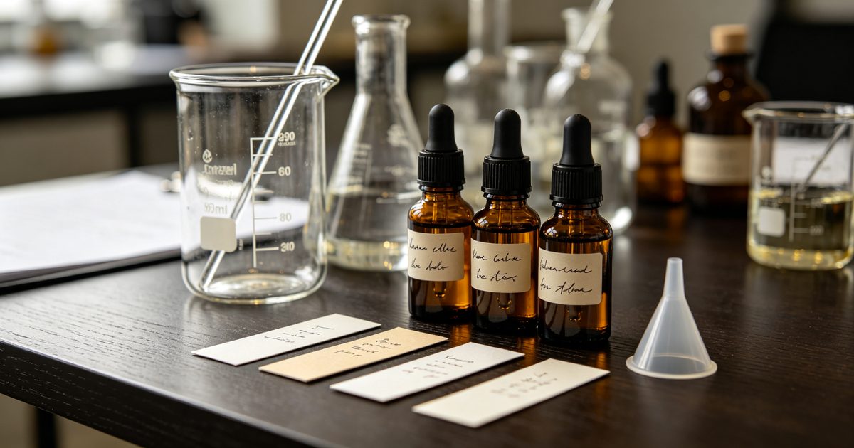 Glass droppers and small perfume vials arranged for a home blending session