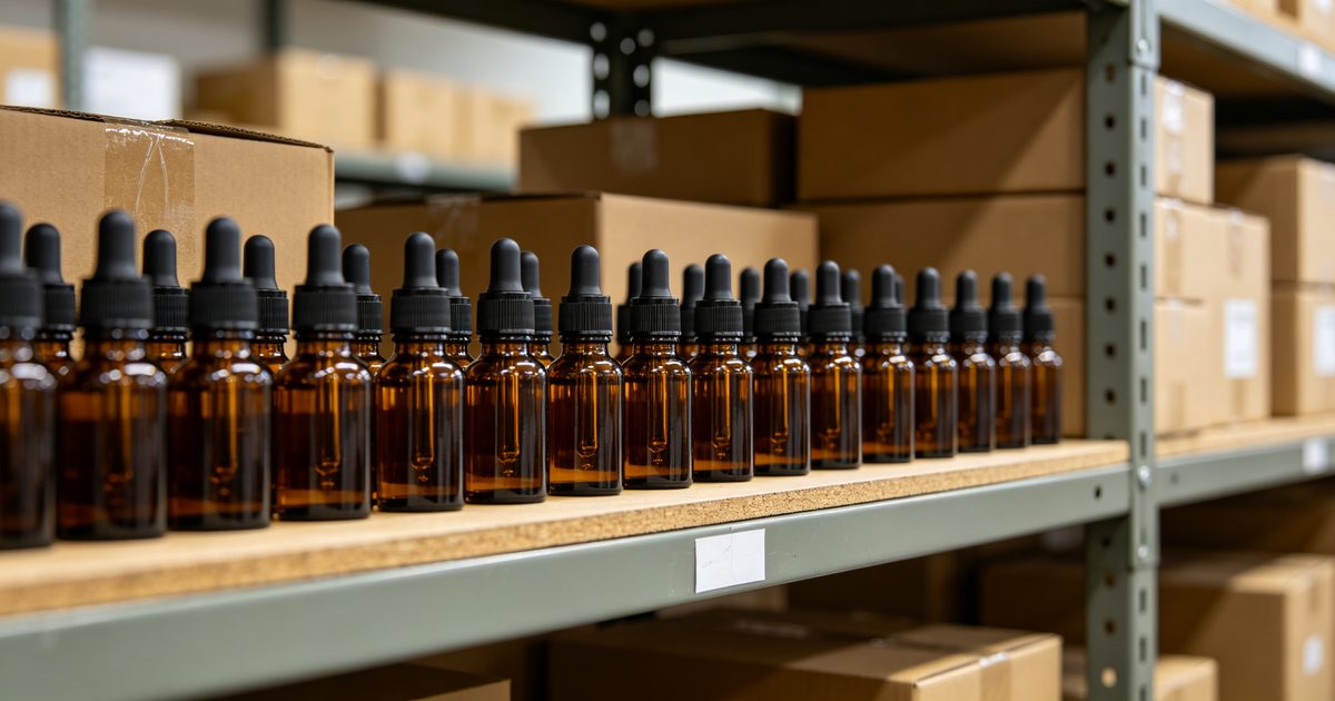 Small business workspace with fragrance oil samples and shipping boxes