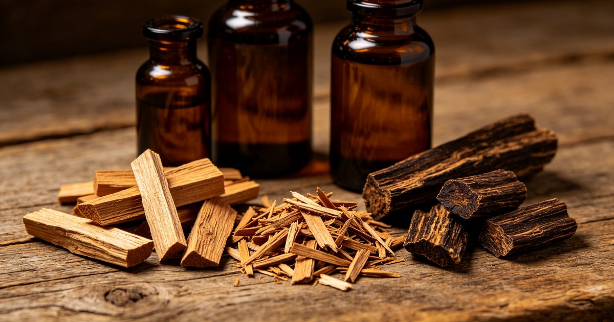 Sandalwood chips, cedar shavings and agarwood pieces beside amber bottles